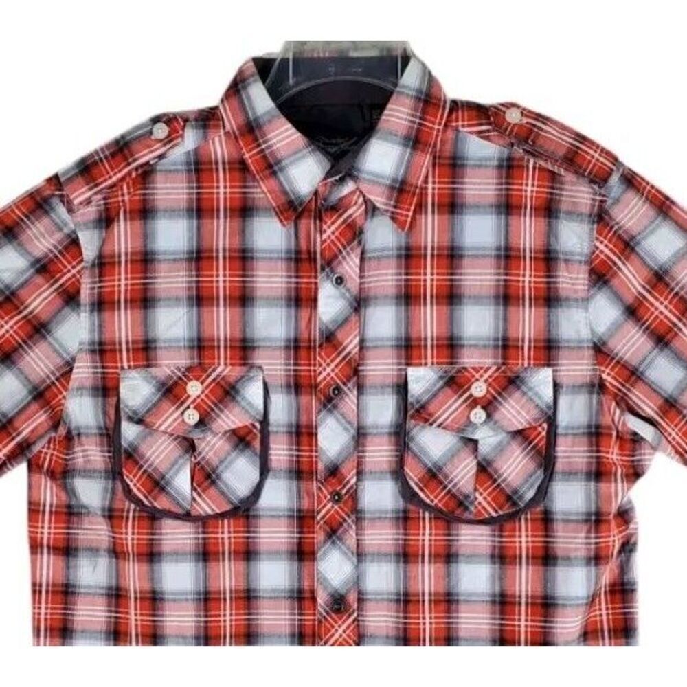 Fender Western Plaid Shirt Mens M Orange White Snap Button Rock Roll Religion LS